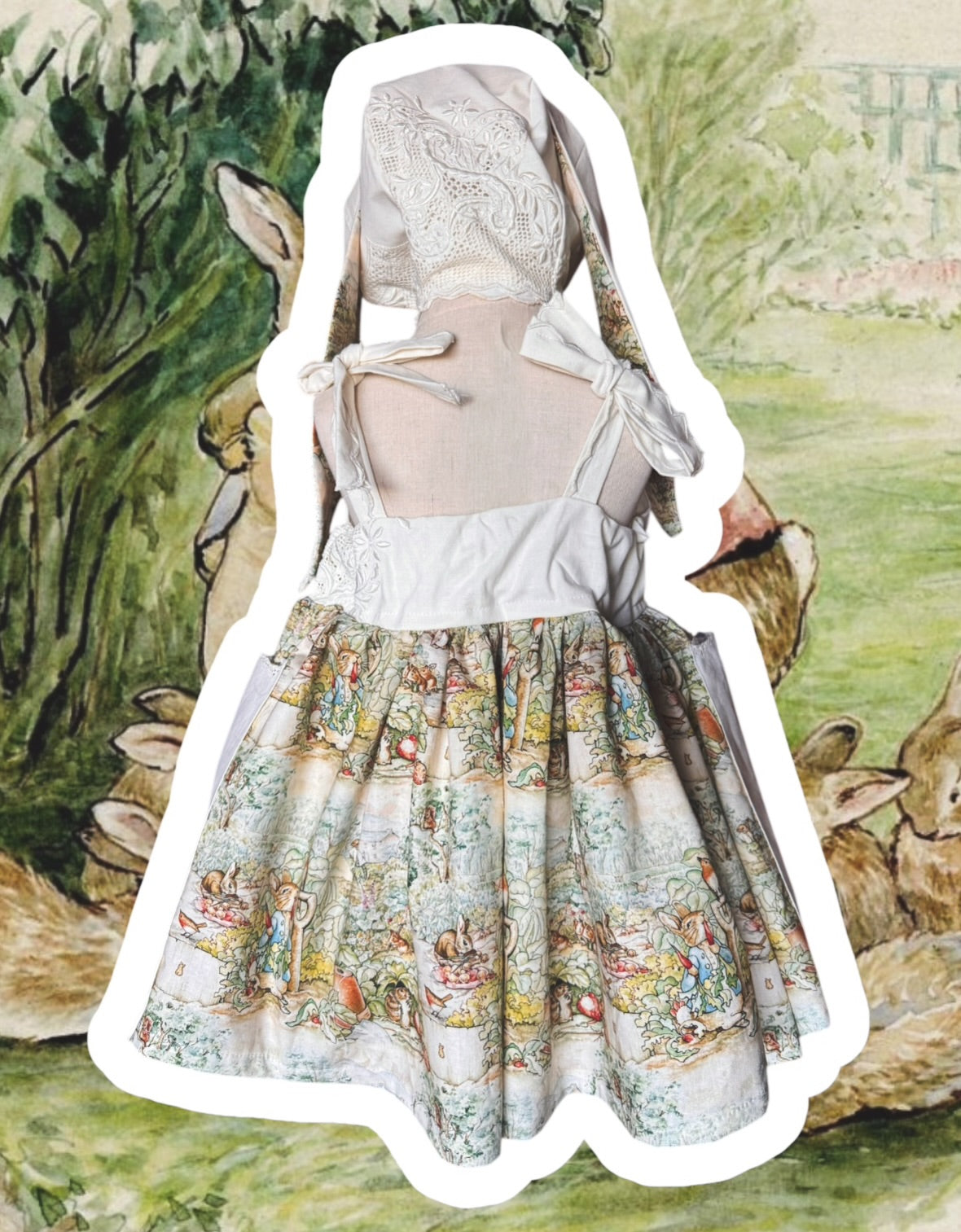 RTS 3/4/5 Beatrix Potter Easter Egg hunt dress with matching bonnet