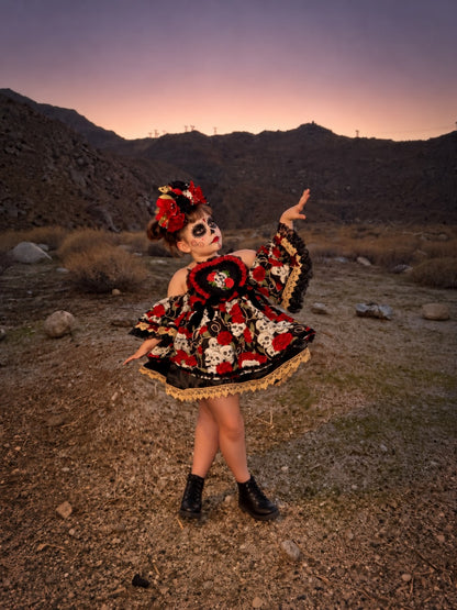RTS 7/8 Skull and roses Eloise dress with matching head piece