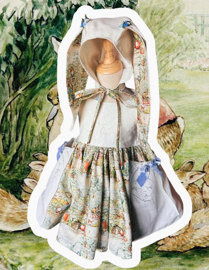 RTS 3/4/5 Beatrix Potter Easter Egg hunt dress with matching bonnet