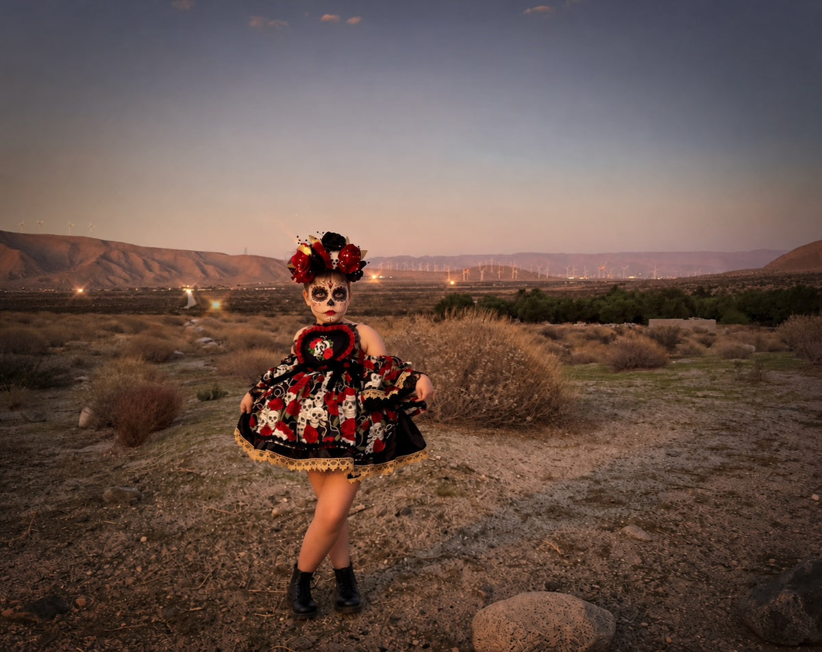RTS 7/8 Skull and roses Eloise dress with matching head piece
