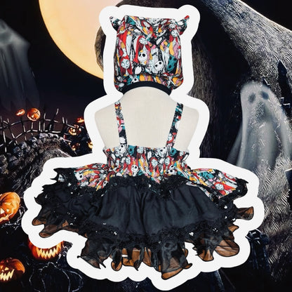 Made to order NBC Harley romper dress with matching devil bonnet