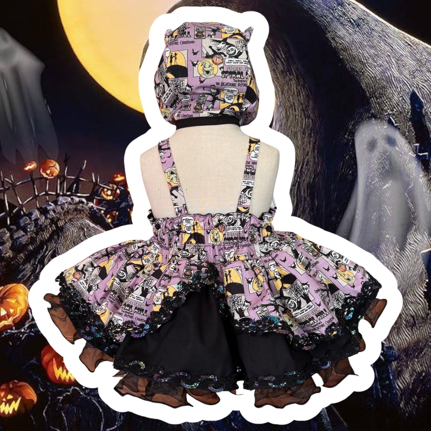 Made to order Three Henchmen Harley dress with matching devil bonnet