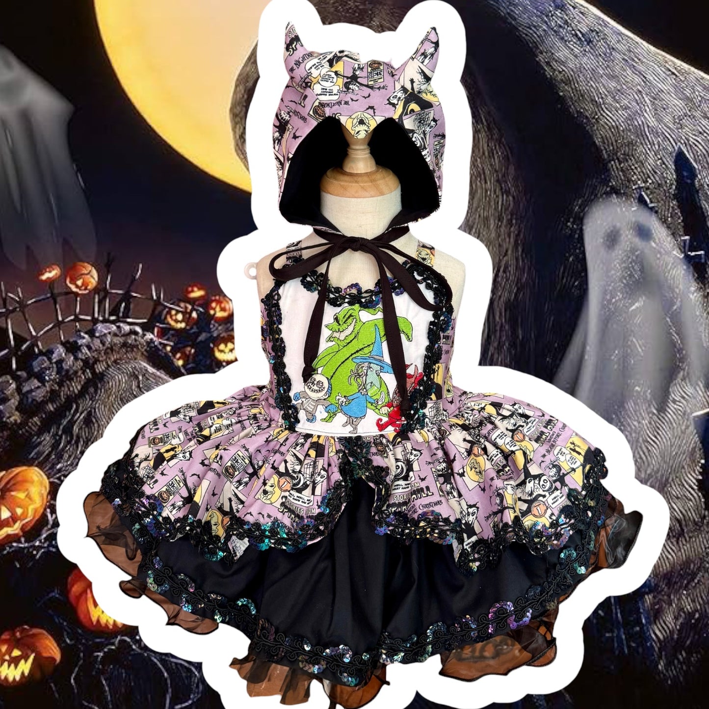 Made to order Three Henchmen Harley dress with matching devil bonnet