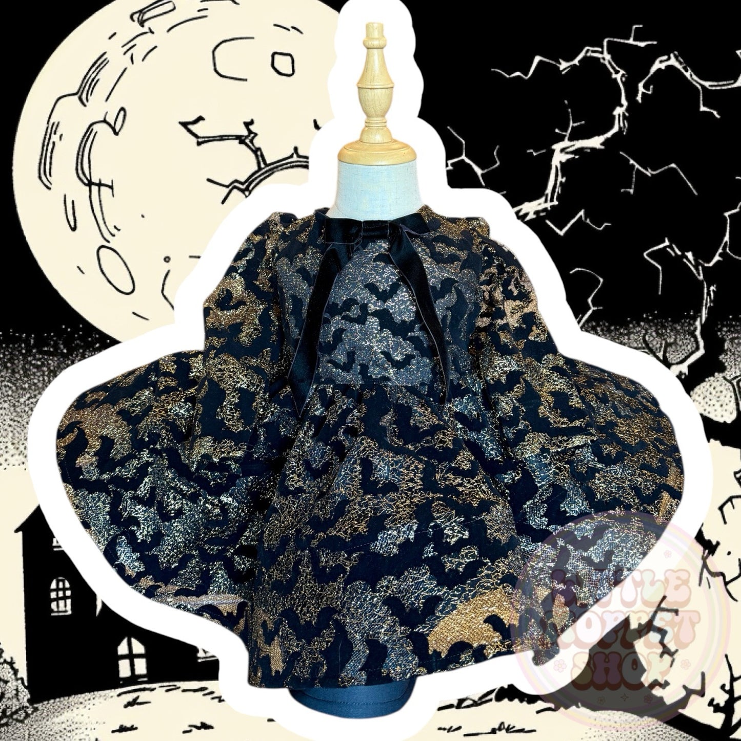 RTS 3/4T Gold and black flocked bat Lindsay dress