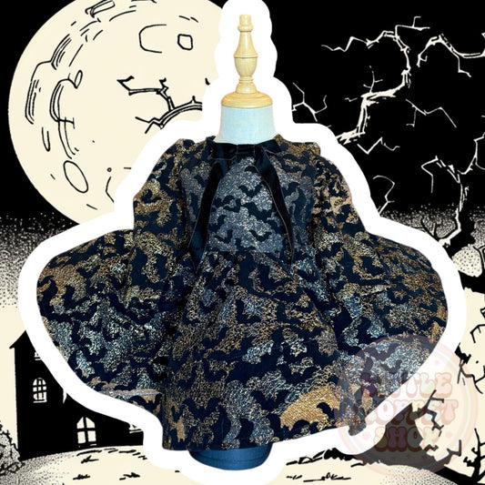 RTS 3/4T Gold and black flocked bat Lindsay dress