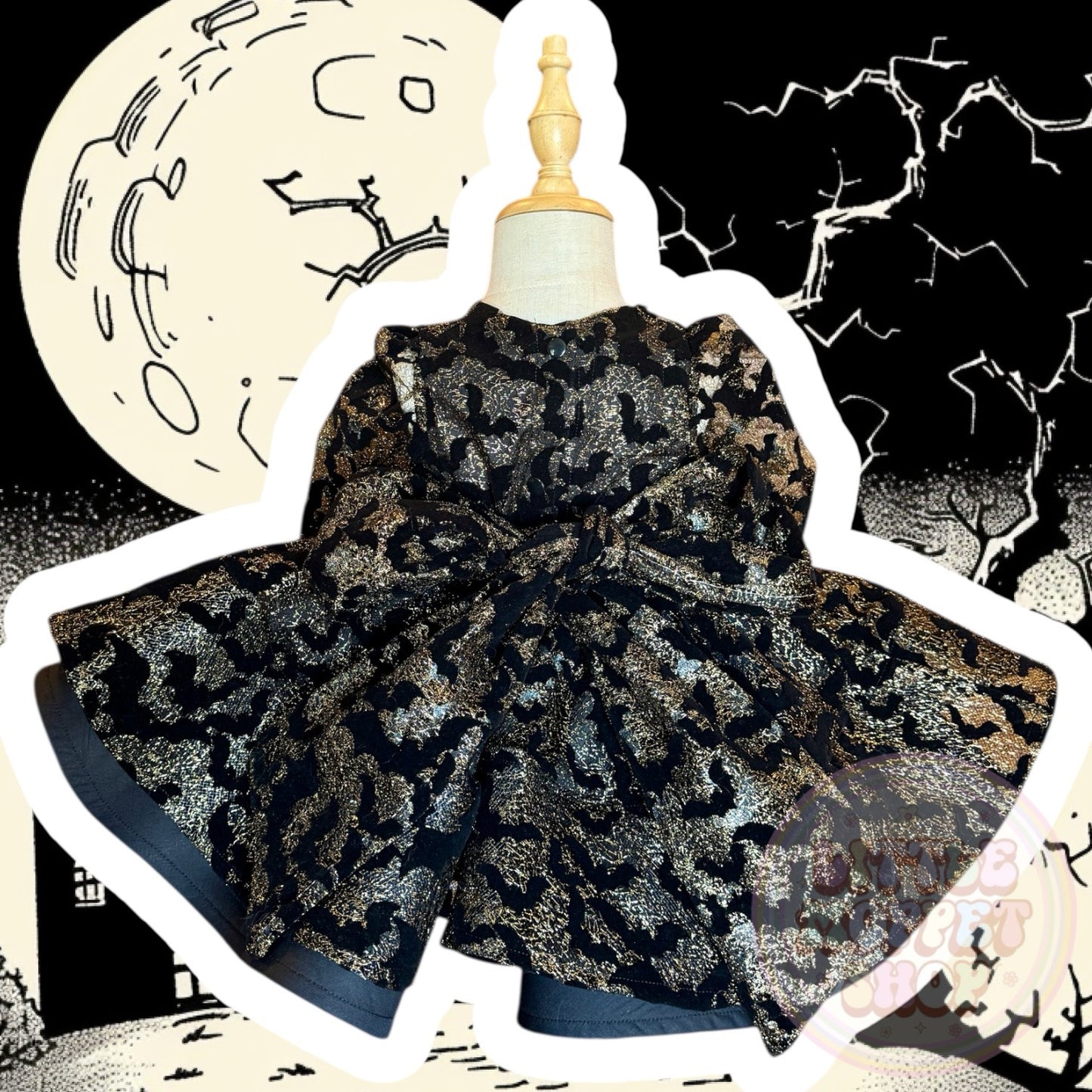 RTS 3/4T Gold and black flocked bat Lindsay dress